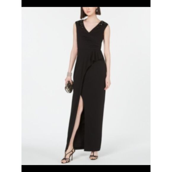 NWT ADRIANNA PAPELL Womens Black Cap Sleeve Maxi Wrap Formal Dress 12 - Picture 1 of 2